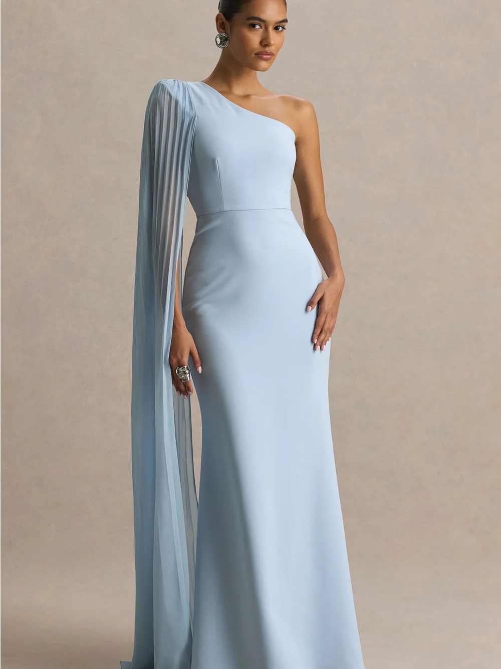 Club L London Athens Powder Blue Asymmetric Neck Maxi Dress Cape Sleeve Detail